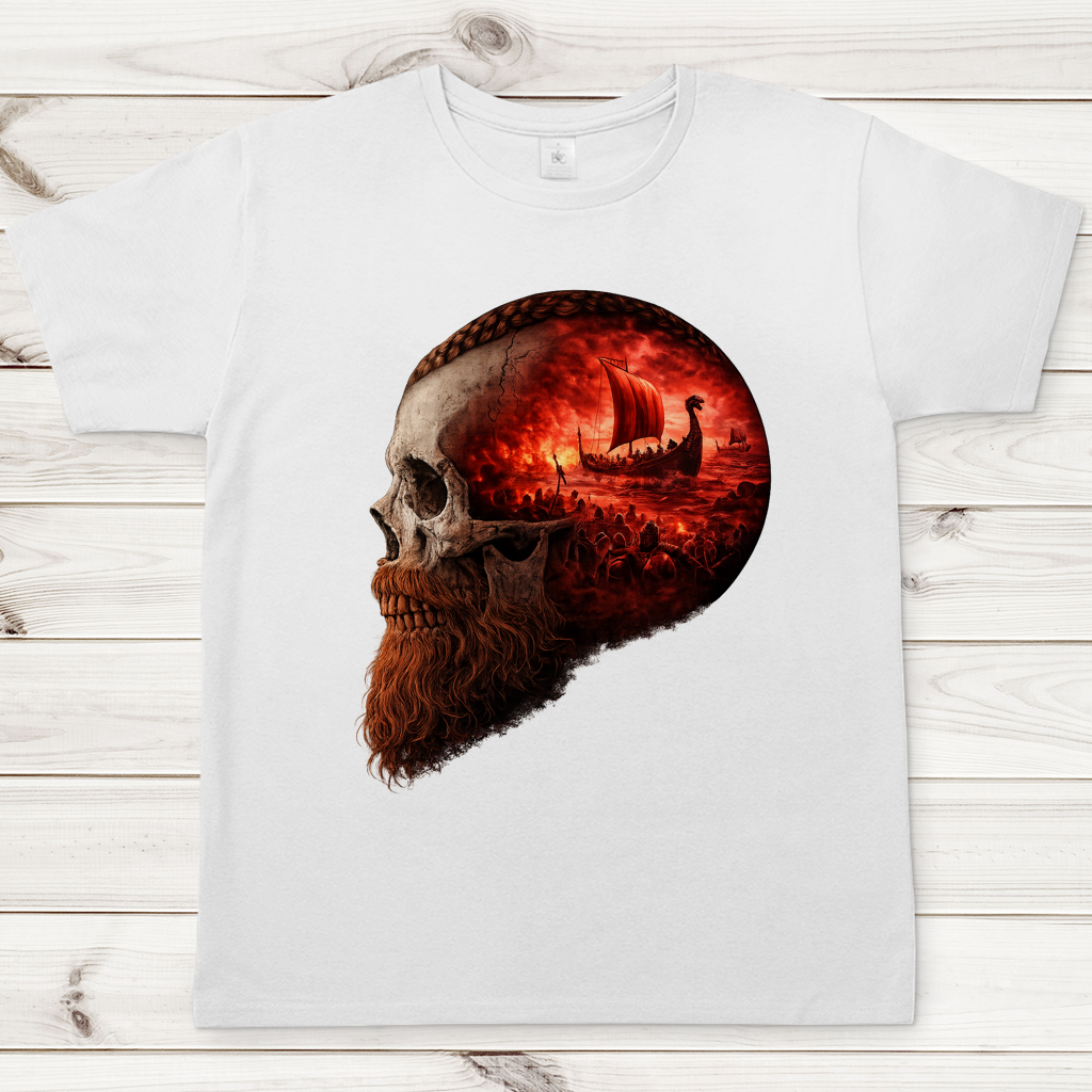 Herren T-Shirt Kopf eines Wikingerkriegers im Sturm rot