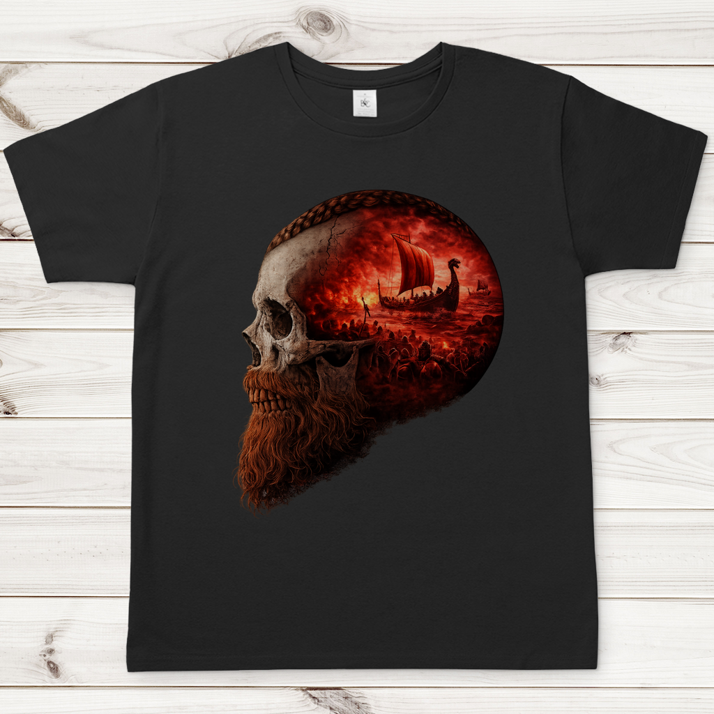 Herren T-Shirt Kopf eines Wikingerkriegers im Sturm rot