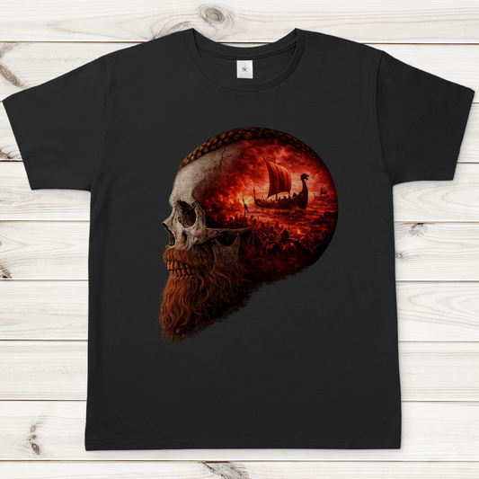 Herren T-Shirt Kopf eines Wikingerkriegers im Sturm rot