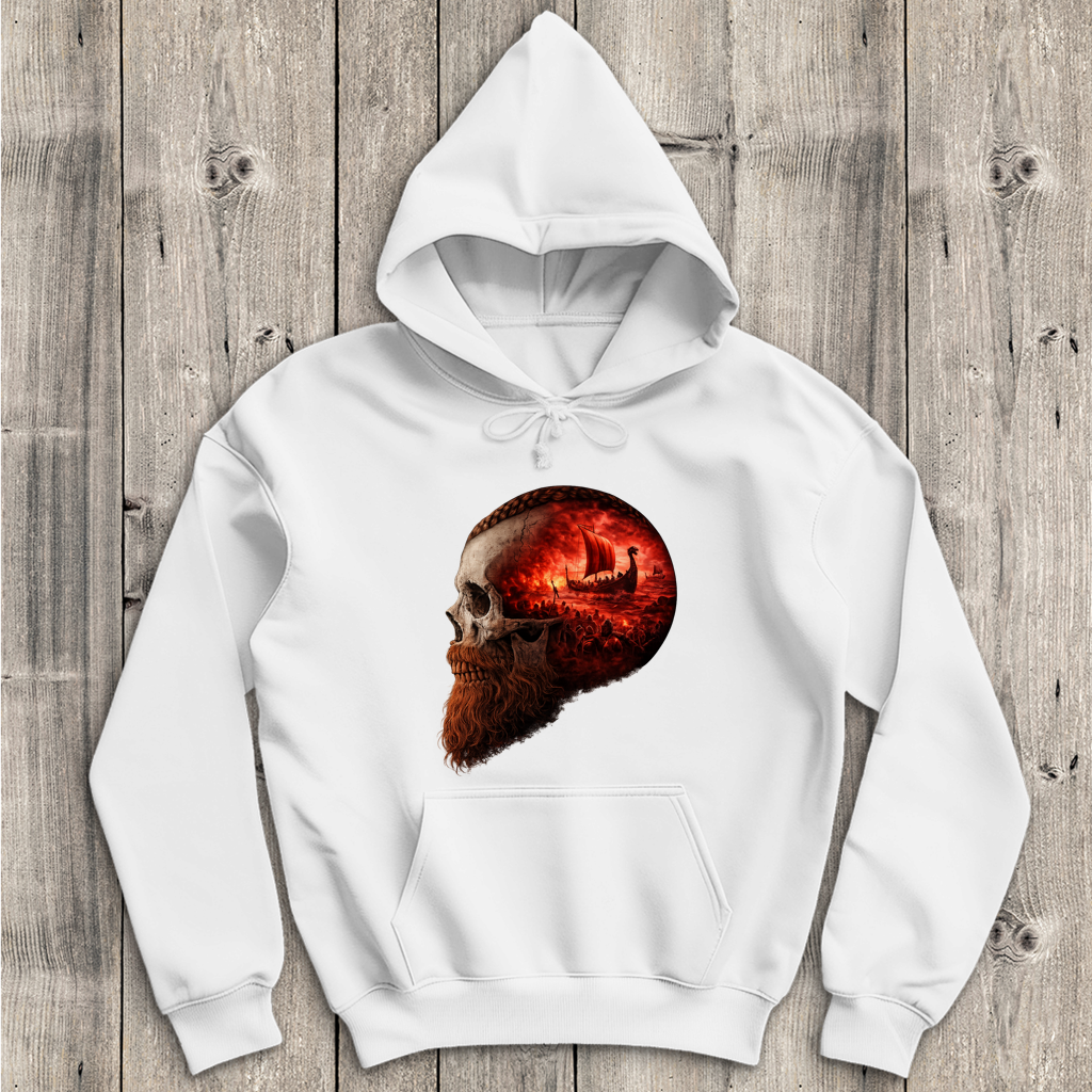 Herren Hoodie Kopf eines Wikingerkriegers im Sturm rot