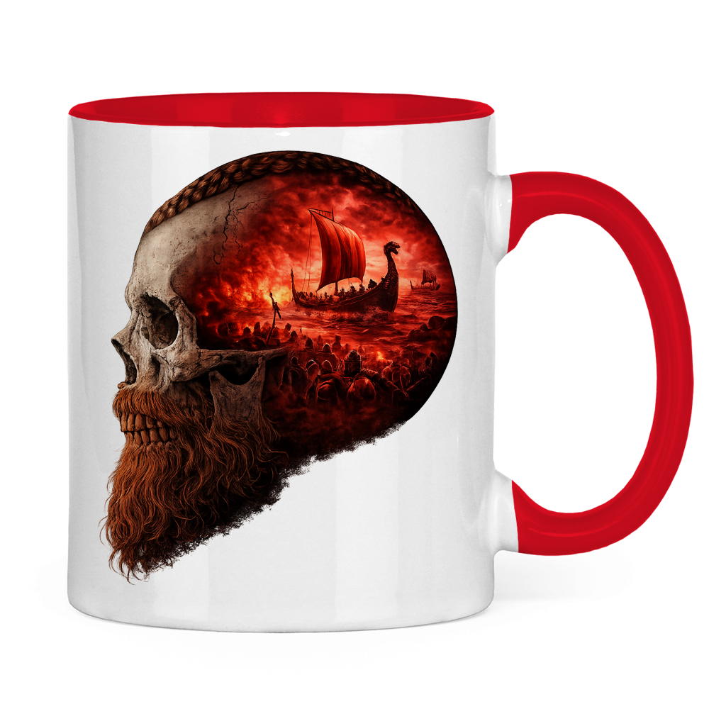 Tasse zweifarbig Kopf eines Wikingerkriegers im Sturm rot