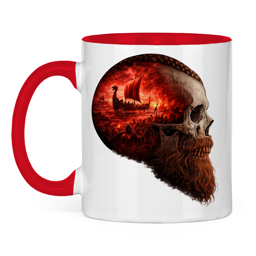 Tasse zweifarbig Kopf eines Wikingerkriegers im Sturm rot