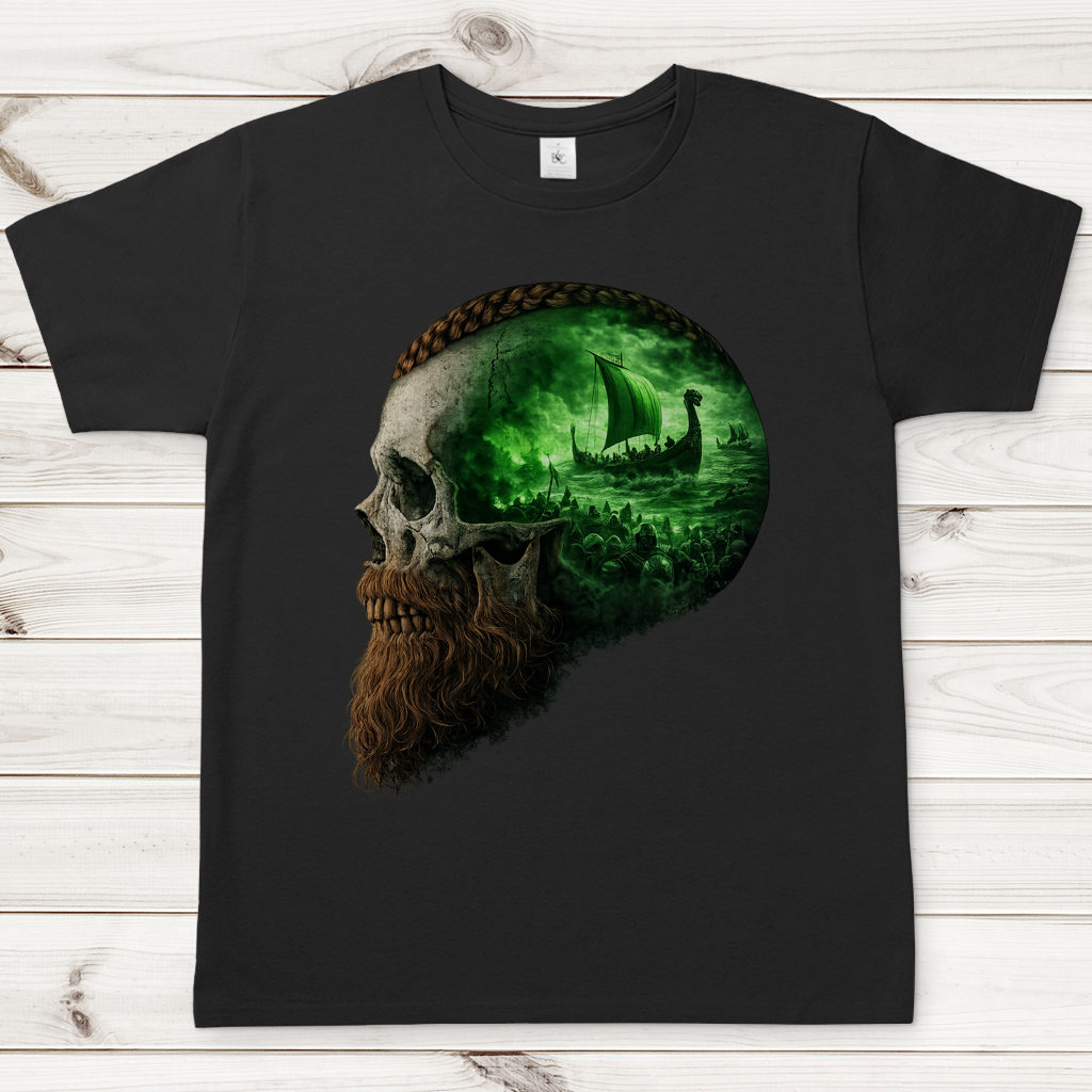 Herren T-Shirt Kopf eines Wikingerkriegers im Sturm grün
