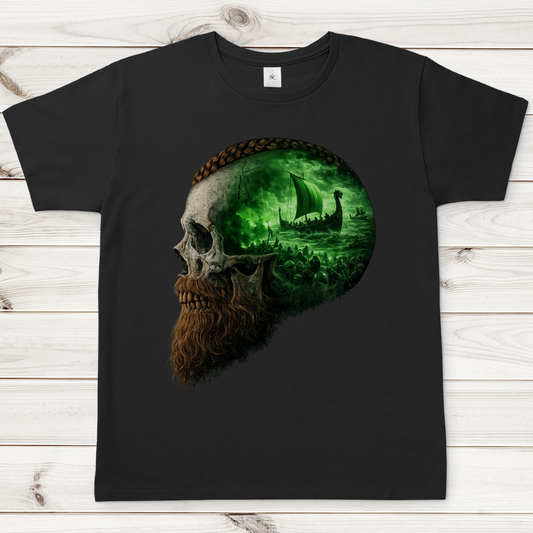 Herren T-Shirt Kopf eines Wikingerkriegers im Sturm grün