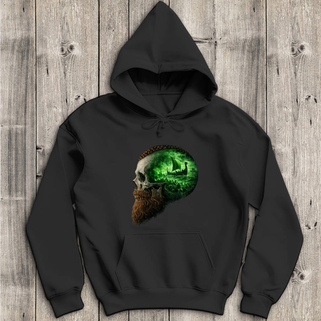 Herren Hoodie Kopf eines Wikingerkriegers im Sturm grün