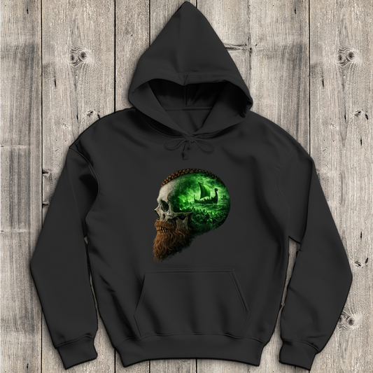 Herren Hoodie Kopf eines Wikingerkriegers im Sturm grün