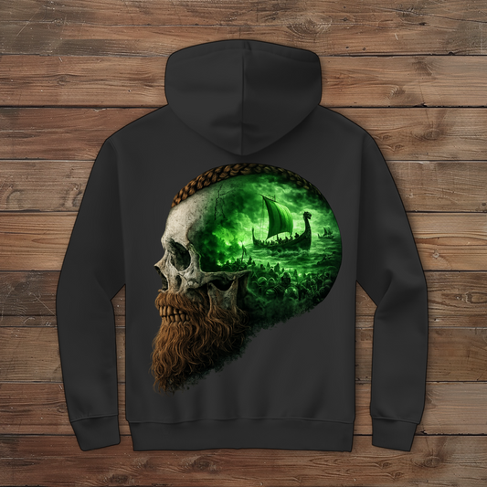 Herren Zipper Hoodie Kopf eines Wikingerkriegers im Sturm grün