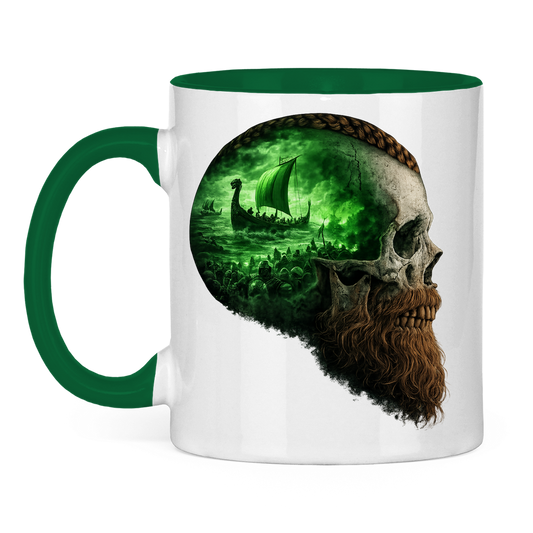 Tasse zweifarbig Kopf eines Wikingerkriegers im Sturm grün