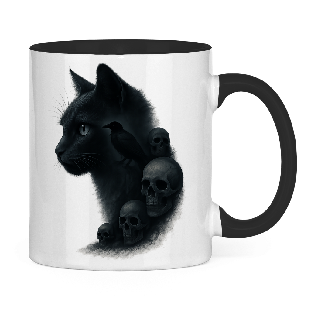 Tasse zweifarbig Schwarze Katze mit Raben und Totenschädeln