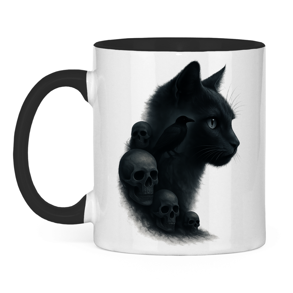 Tasse zweifarbig Schwarze Katze mit Raben und Totenschädeln