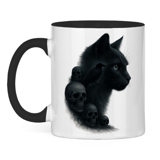 Tasse zweifarbig Schwarze Katze mit Raben und Totenschädeln