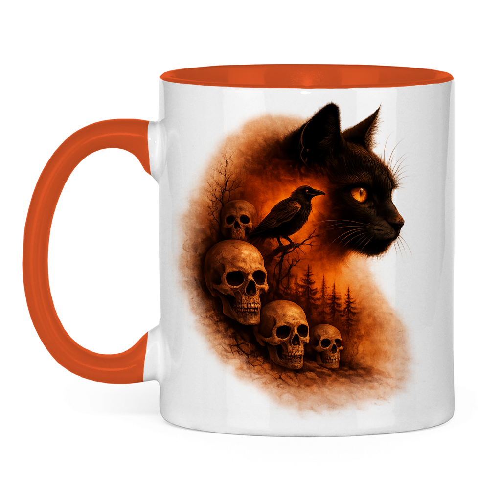 Tasse zweifarbig Schwarze Katze und Totenschädel orange