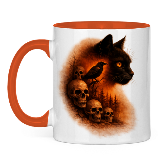 Tasse zweifarbig Schwarze Katze und Totenschädel orange