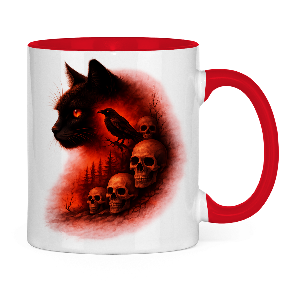 Tasse zweifarbig Schwarze Katze im Wald mit Totenköpfen rot