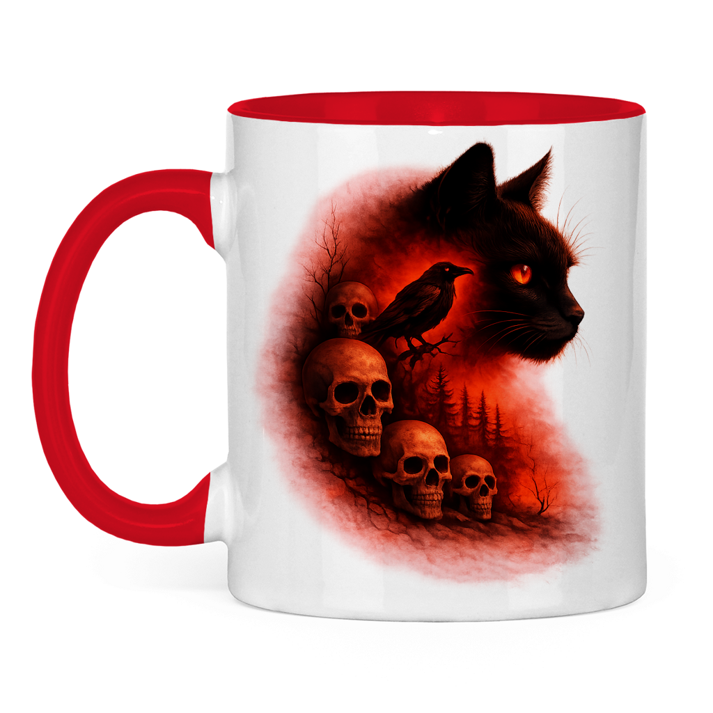 Tasse zweifarbig Schwarze Katze im Wald mit Totenköpfen rot