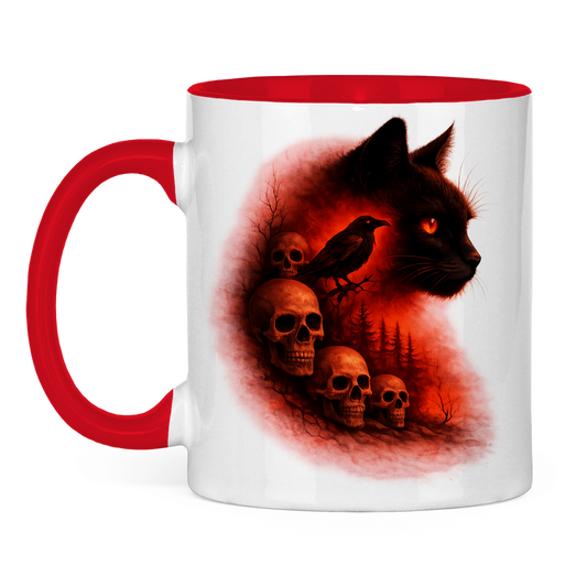 Tasse zweifarbig Schwarze Katze im Wald mit Totenköpfen rot