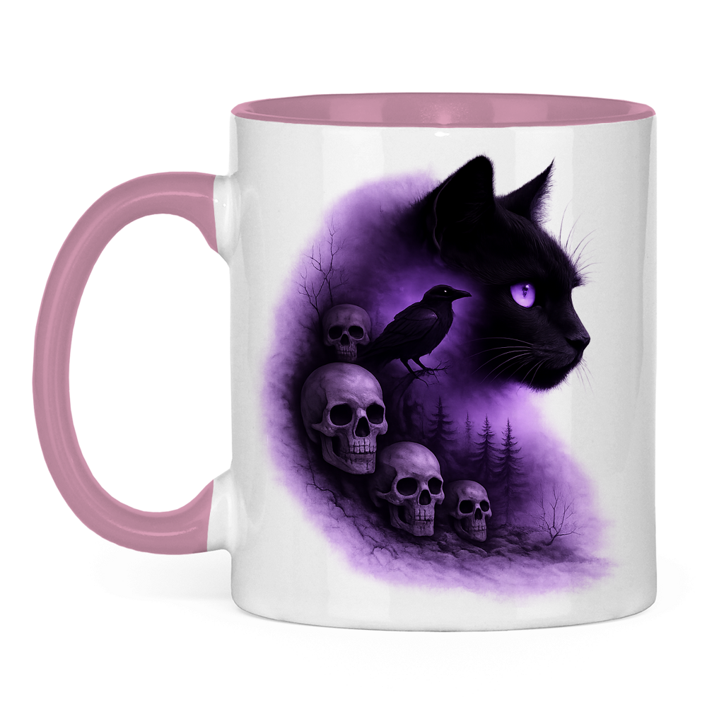 Tasse zweifarbig Dunkle Fantasie mit Katze und Krähe lila
