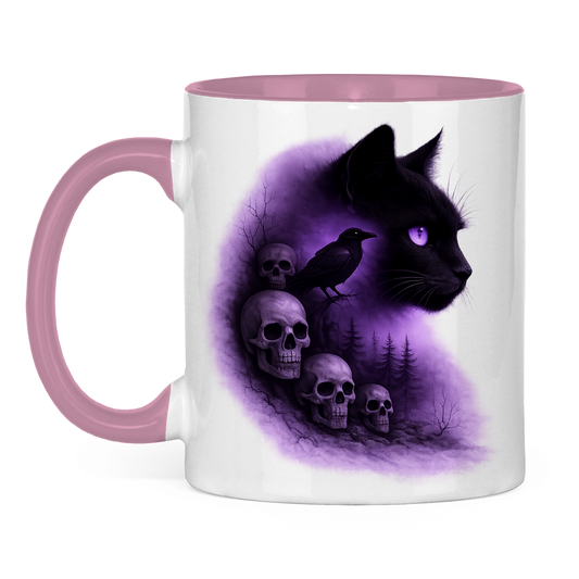 Tasse zweifarbig Dunkle Fantasie mit Katze und Krähe lila