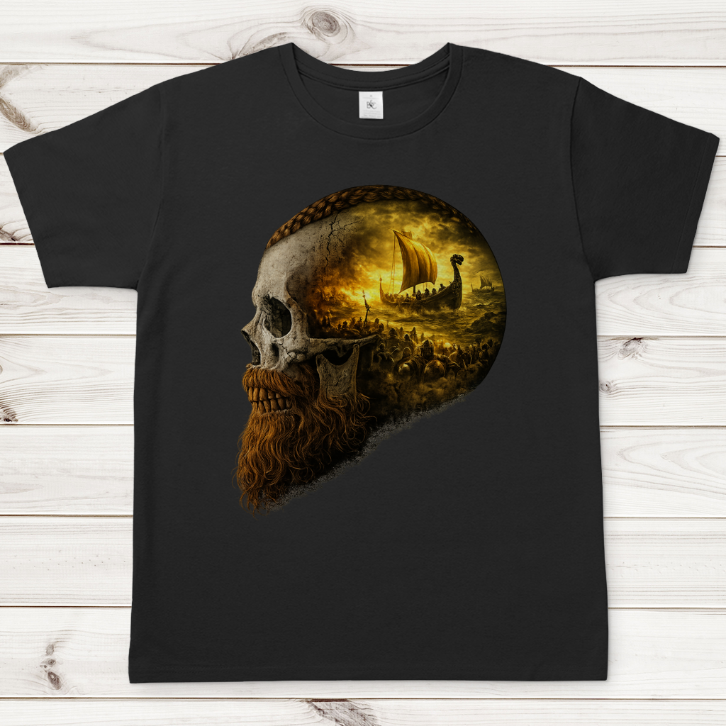 Herren T-Shirt Kopf eines Wikingerkriegers im Sturm gelb