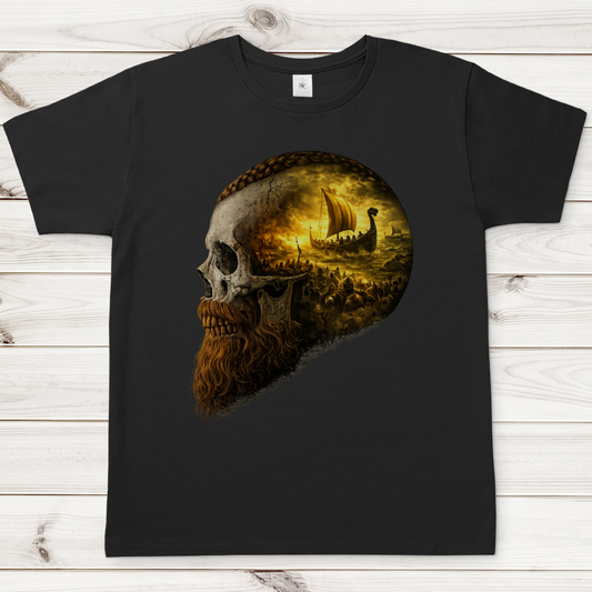 Herren T-Shirt Kopf eines Wikingerkriegers im Sturm gelb