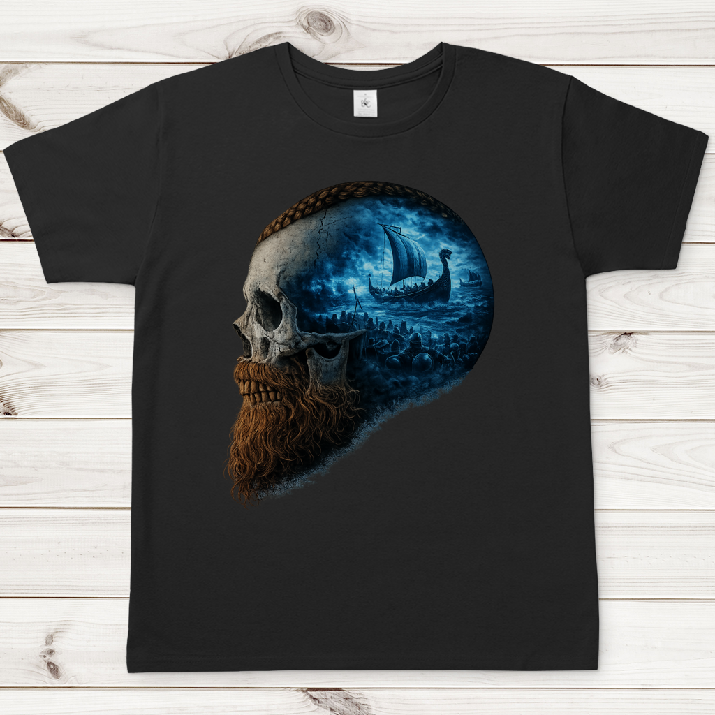 Herren T-Shirt Kopf eines Wikingerkriegers im Sturm blau