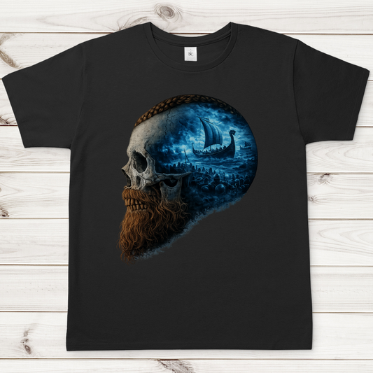 Herren T-Shirt Kopf eines Wikingerkriegers im Sturm blau