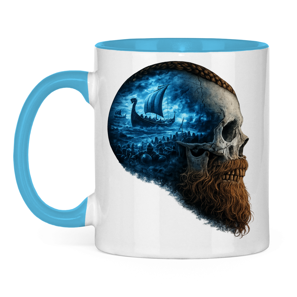 Tasse zweifarbig Kopf eines Wikingerkriegers im Sturm blau