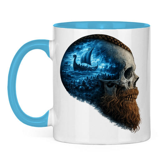 Tasse zweifarbig Kopf eines Wikingerkriegers im Sturm blau