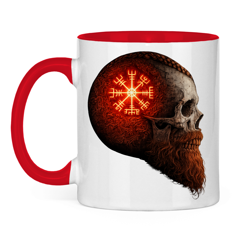 Tasse zweifarbig Skull mit Vegvisir und Runen rot