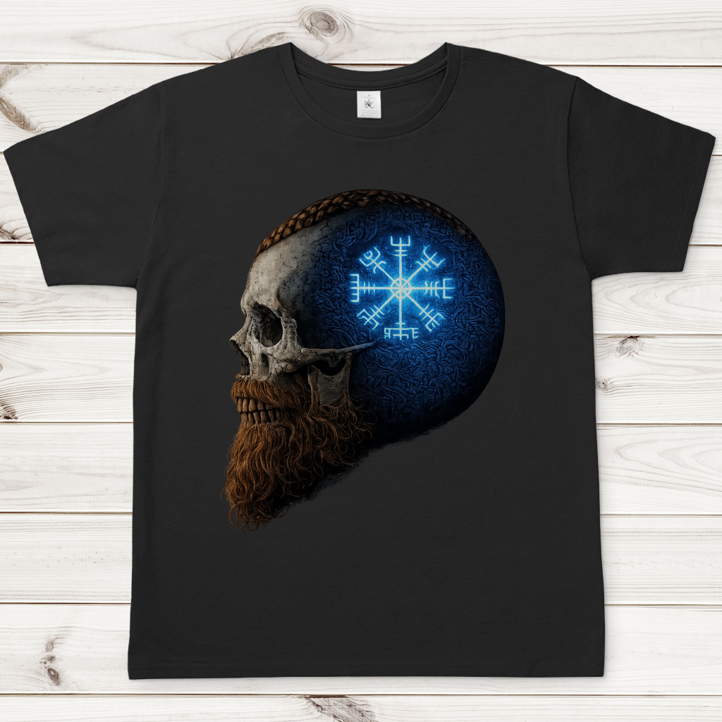 Herren T-Shirt Skull mit Vegvisir und Runen blau