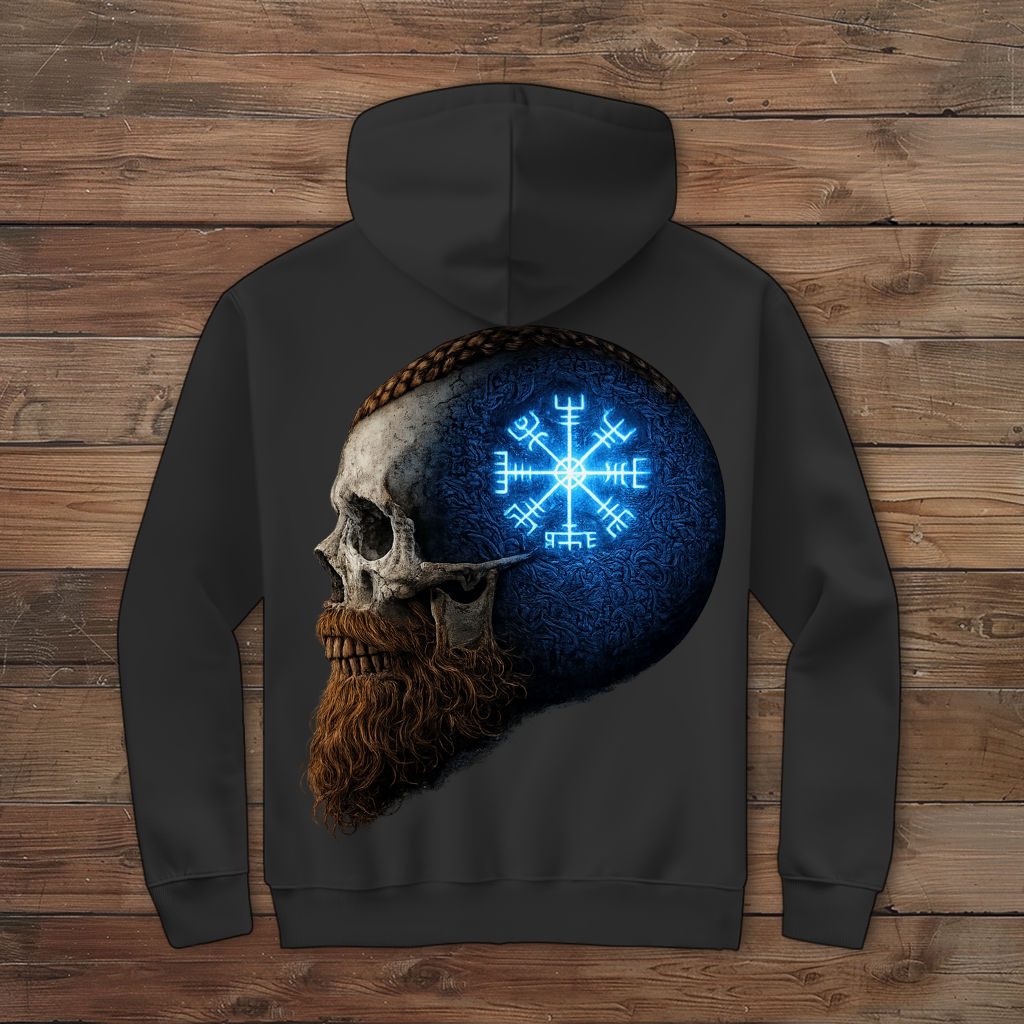 Herren Zipper Hoodie Skull mit Vegvisir und Runen blau
