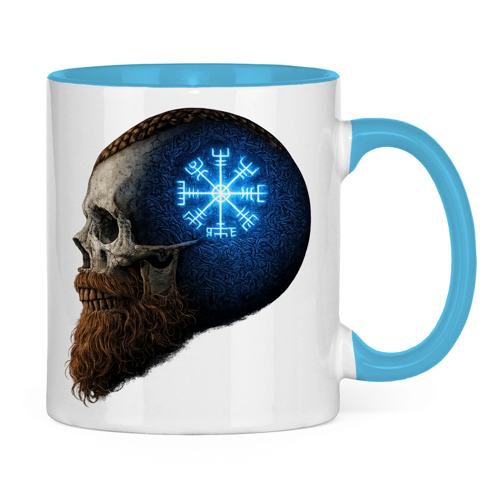 Tasse zweifarbig Skull mit Vegvisir und Runen blau