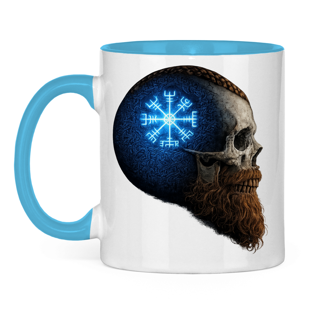 Tasse zweifarbig Skull mit Vegvisir und Runen blau