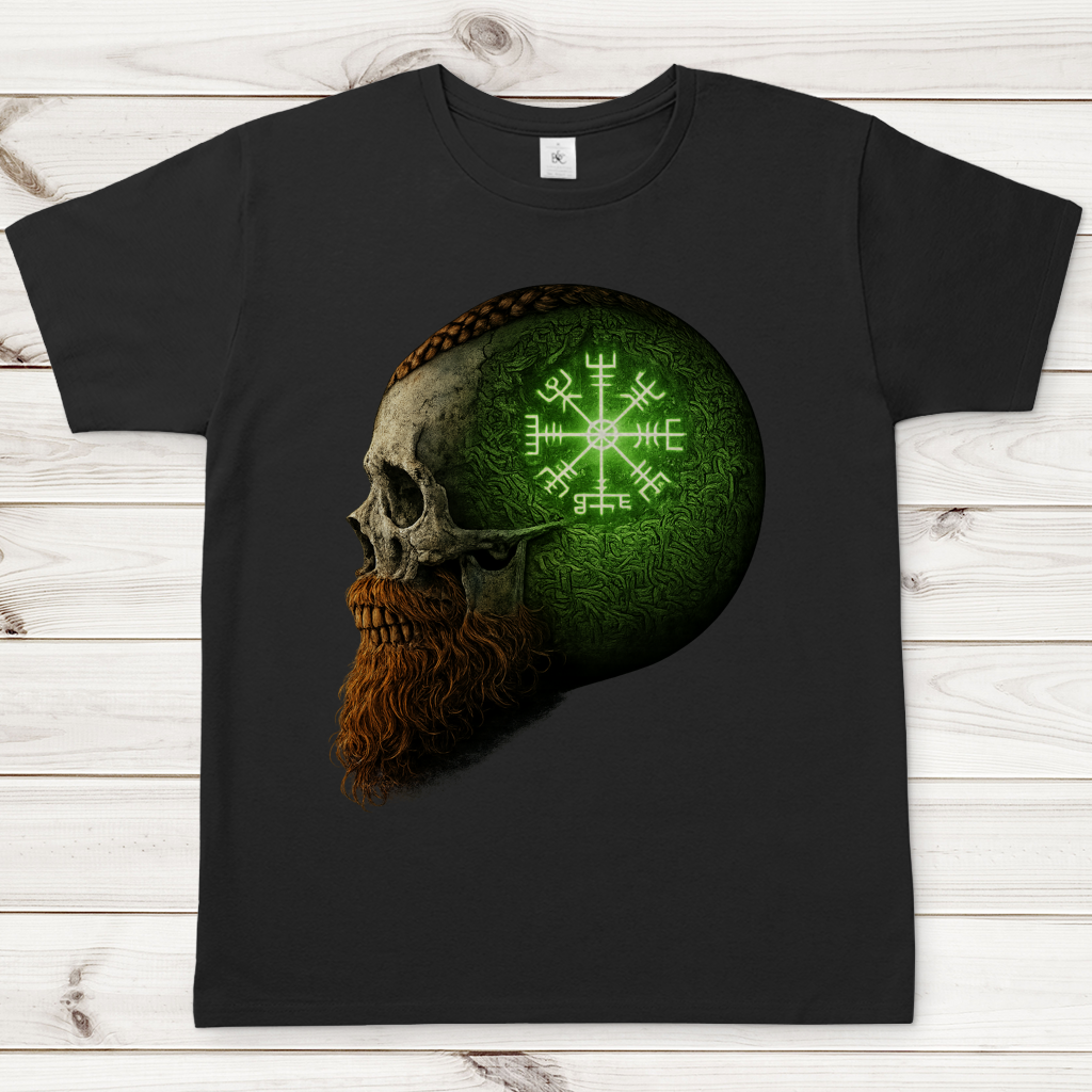 Herren T-Shirt Skull mit Vegvisir und Runen grün