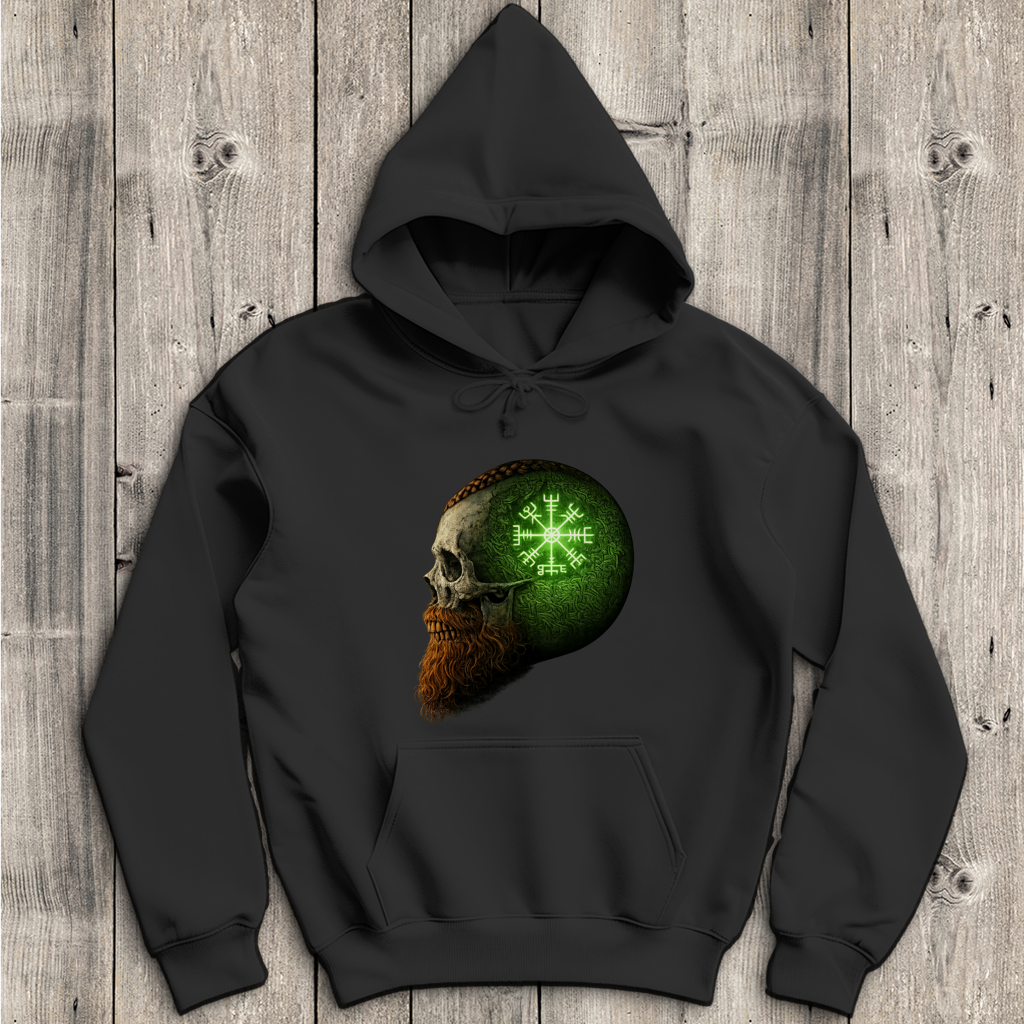 Herren Hoodie Skull mit Vegvisir und Runen grün