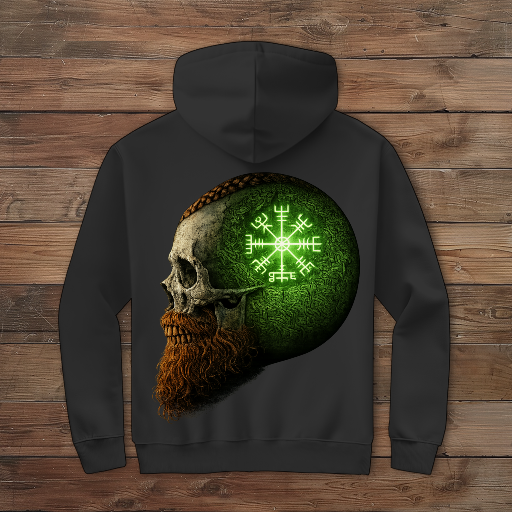Herren Zipper Hoodie Skull mit Vegvisir und Runen grün