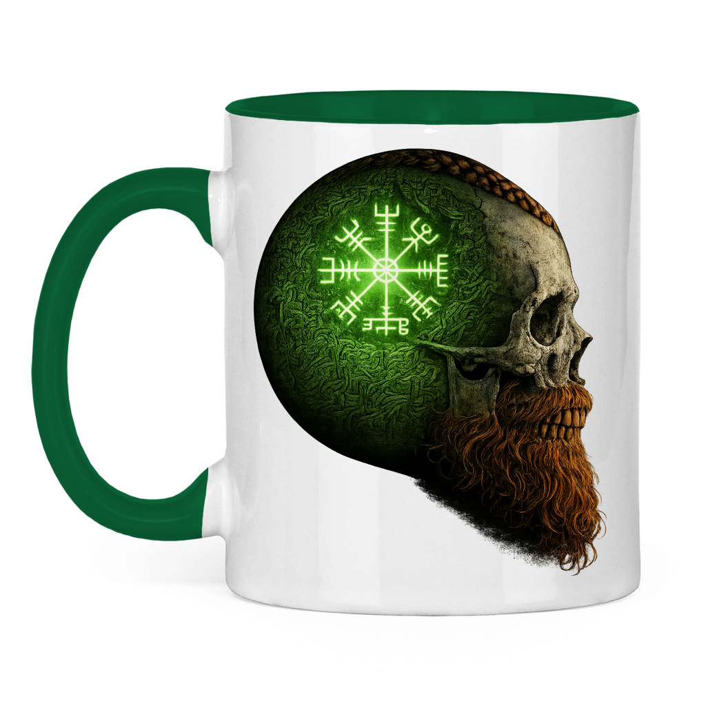 Tasse zweifarbig Skull mit Vegvisir und Runen grün
