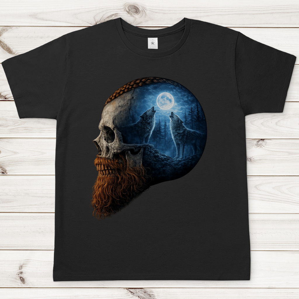 Herren T-Shirt Schädel und Wolfsheulerei im Mondlicht