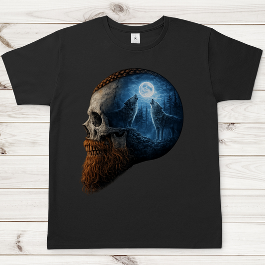 Herren T-Shirt Schädel und Wolfsheulerei im Mondlicht