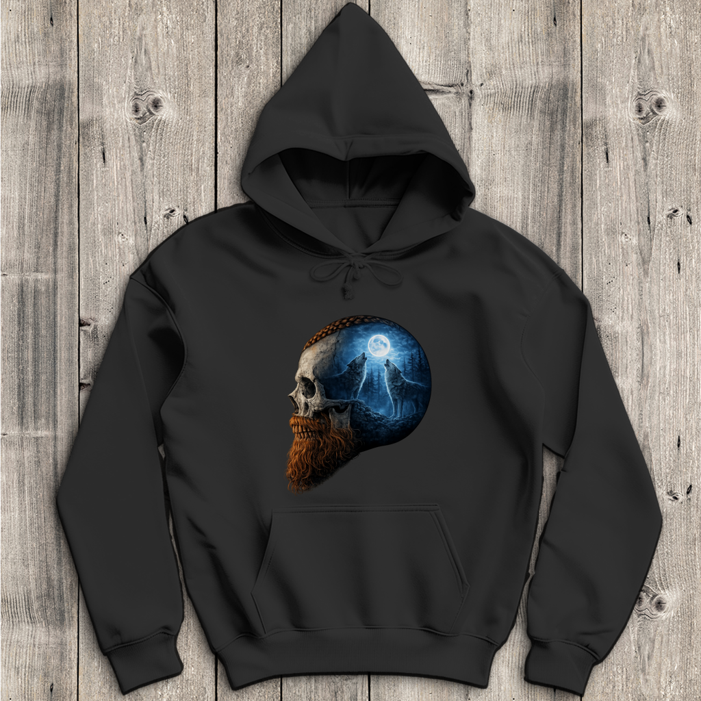 Herren Hoodie Schädel und Wolfsheulerei im Mondlicht