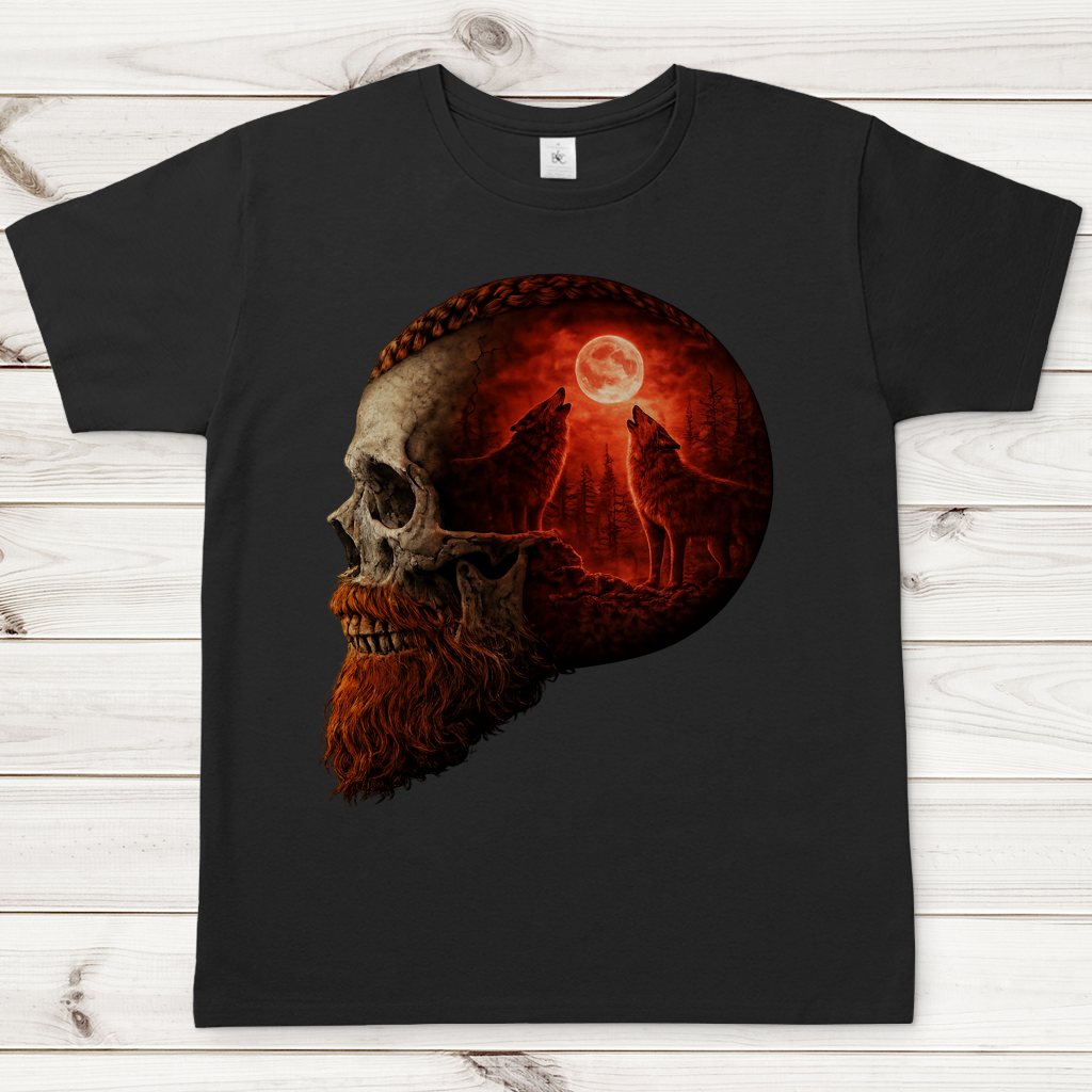 Herren T-Shirt Schädel und Wolfsheulerei im Mondlicht rot