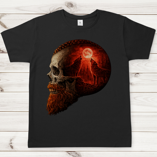 Herren T-Shirt Schädel und Wolfsheulerei im Mondlicht rot