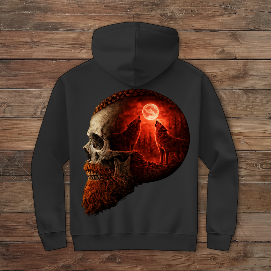 Herren Zipper Hoodie Schädel und Wolfsheulerei im Mondlicht rot