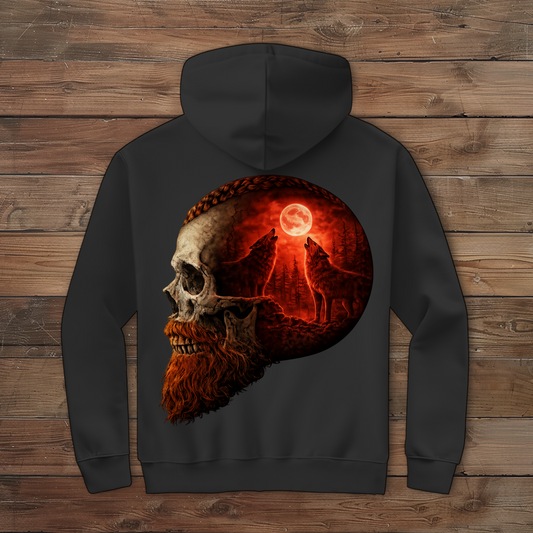 Herren Zipper Hoodie Schädel und Wolfsheulerei im Mondlicht rot