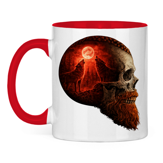 Tasse zweifarbig Schädel und Wolfsheulerei im Mondlicht rot