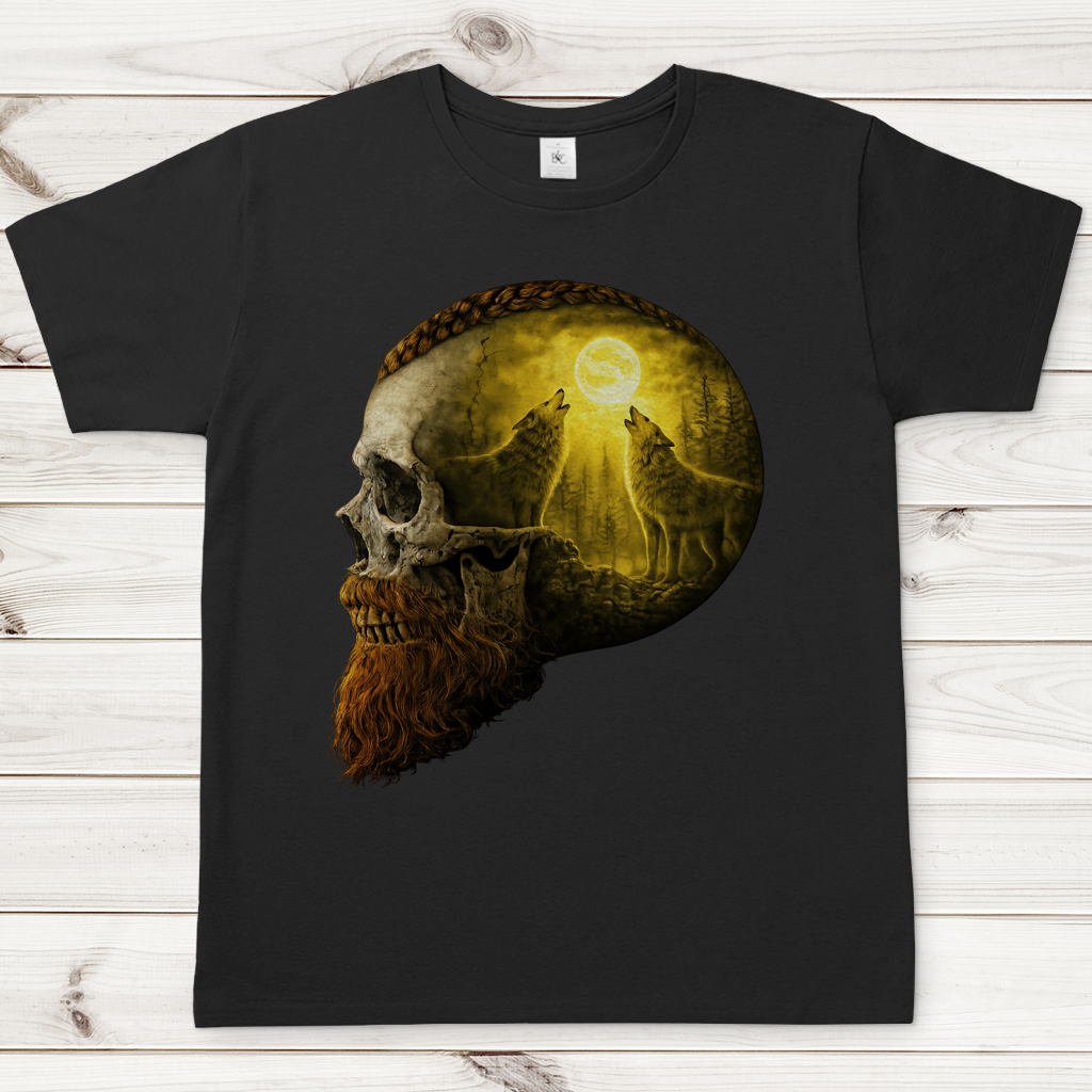 Herren T-Shirt Schädel und Wolfsheulerei im Mondlicht gelb