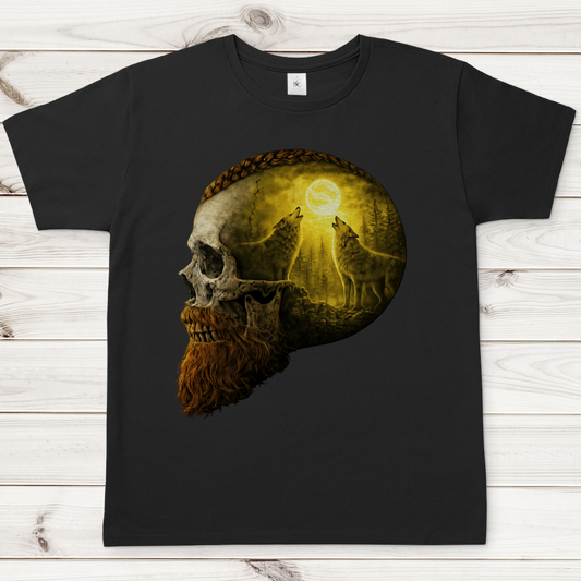 Herren T-Shirt Schädel und Wolfsheulerei im Mondlicht gelb