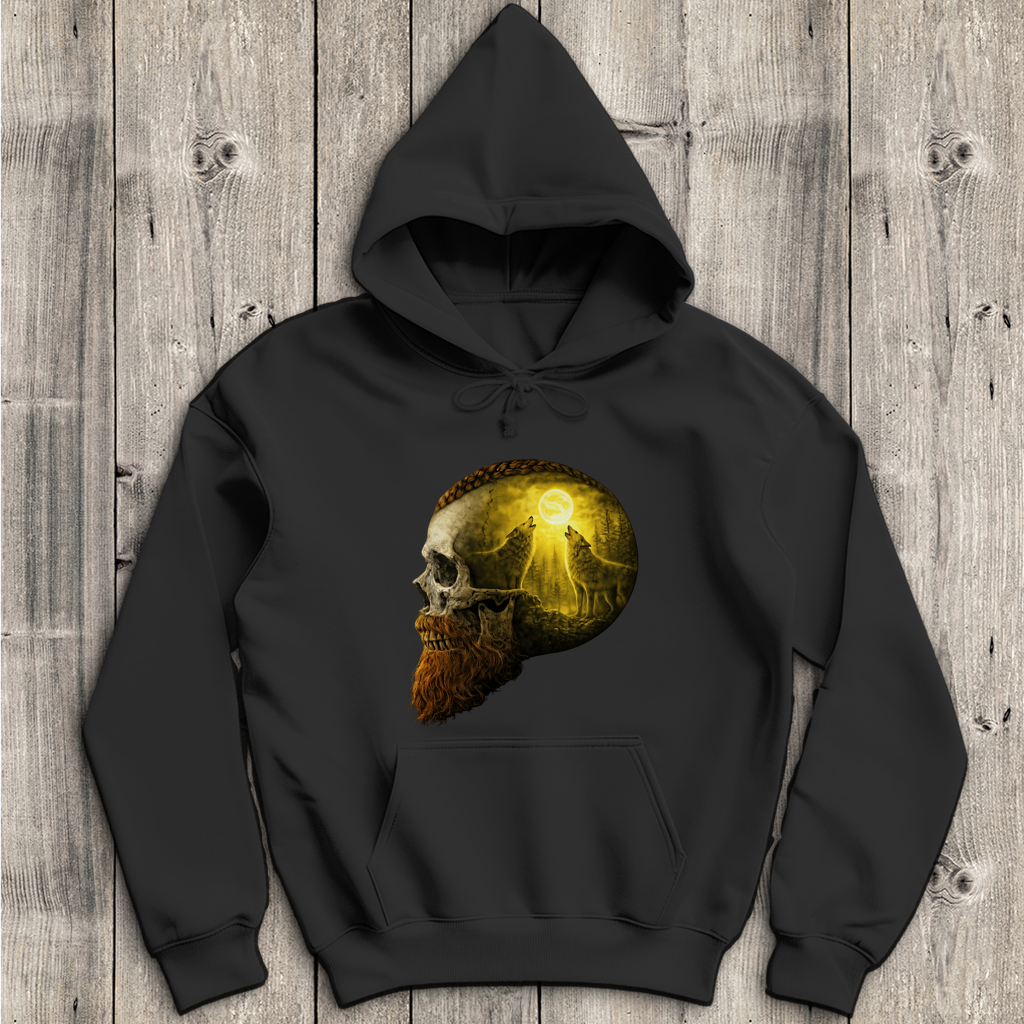 Herren Hoodie Schädel und Wolfsheulerei im Mondlicht gelb