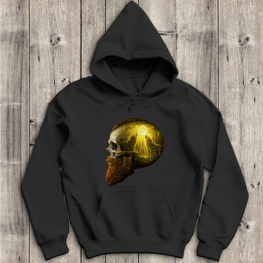 Herren Hoodie Schädel und Wolfsheulerei im Mondlicht gelb