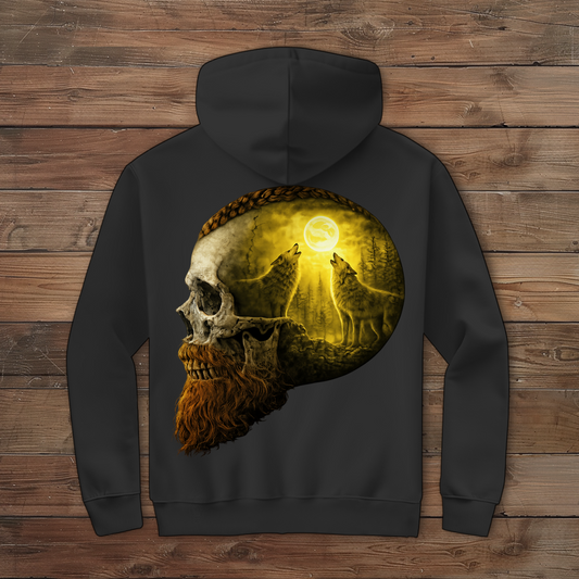 Herren Zipper Hoodie Schädel und Wolfsheulerei im Mondlicht gelb